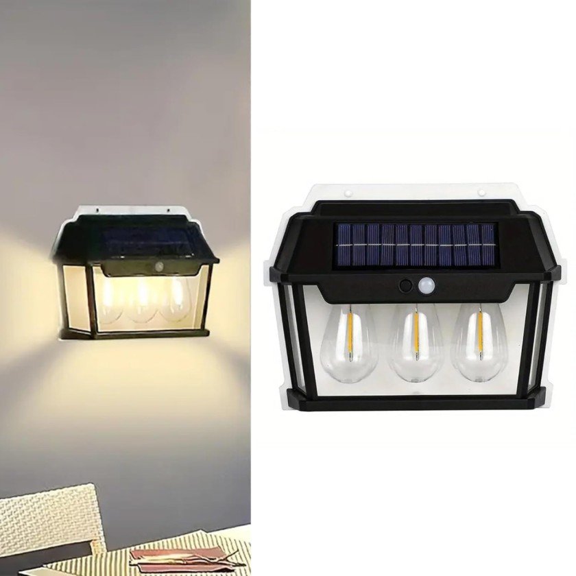 Sada 4 x Solárna Vonkajšia Lampa Typu Lampion, s 3 Žiarovkami, Pohybovým Senzorom, 38W